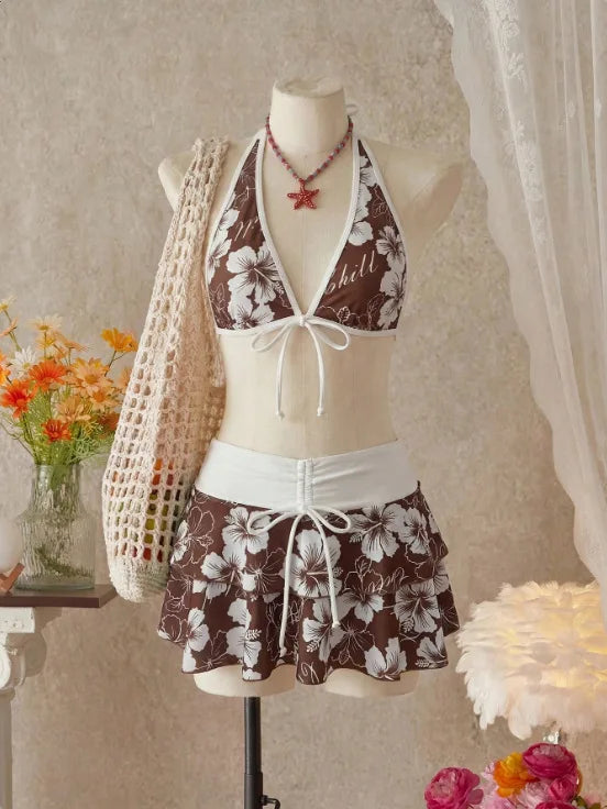 Elegant Floral Color Block Swimsuit Women Triangle Halter High-Waist Bikini Set Cover Up Skirt 2026 New Micro Bikini Three-Piece