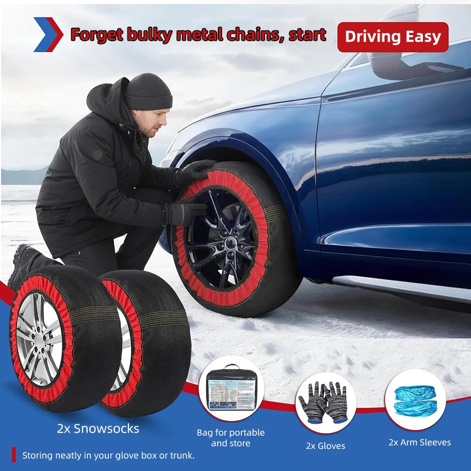 Car Red Black Anti Skiing Sock With High Resistance Fiber Anti Slip Silent Don't Damage Tire With Storage Bag & Gloves & Sleeves