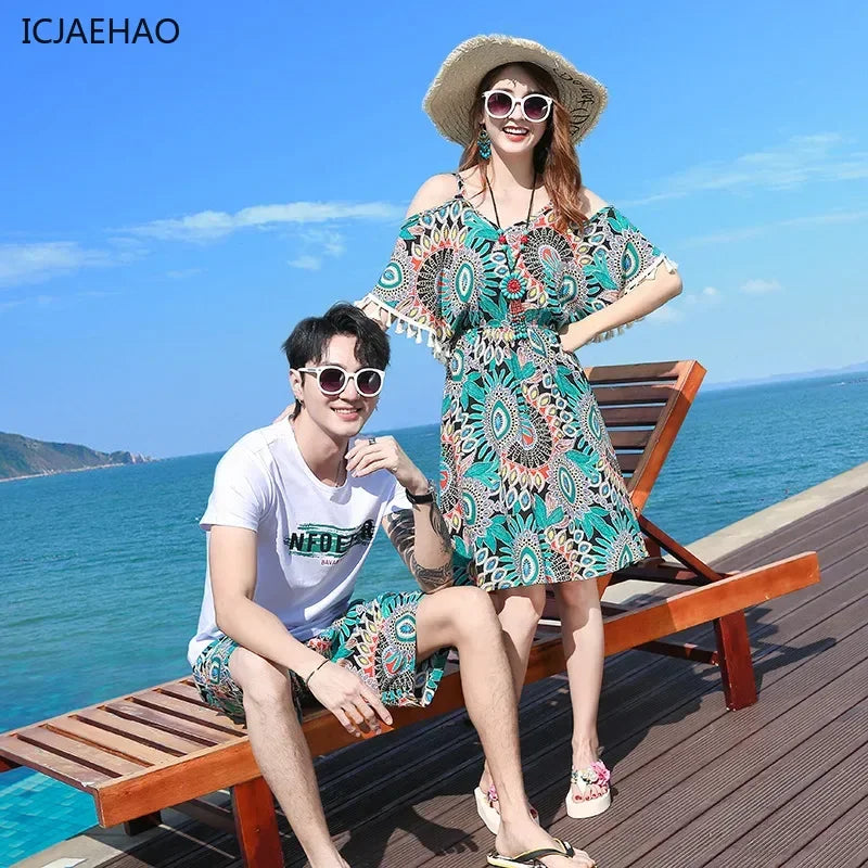 2025 Elegant Floral Girls Dress Family Matching Summer Outfit Off-Shoulder Midi Boho Dress Boys Set Fashionable Beach Vacation