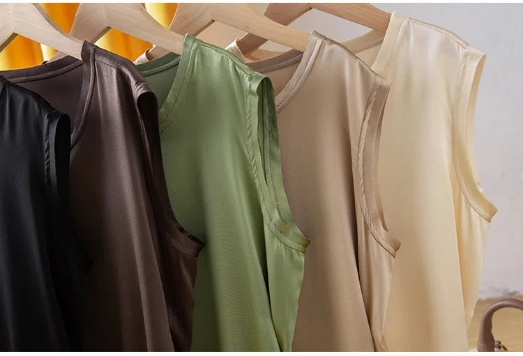 Heavy Silk Women's Sleeveless Top T-shirt Autumn Silk Top Silk Satin Bottom Top Solid Color T-shirts Satin Shirts for Women