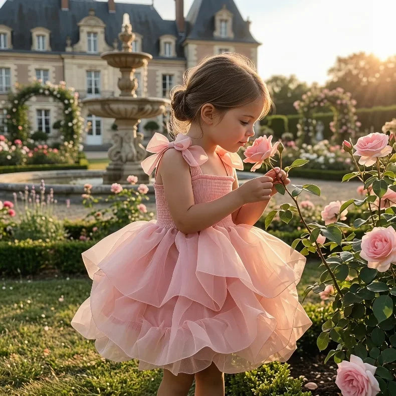 2026summer Fashion Baby Girl Princess Tutu Dress Bowknot Sleeve Child Tulle Vestido Pageant Party Birthday Baby Clothes 0-10Ynew