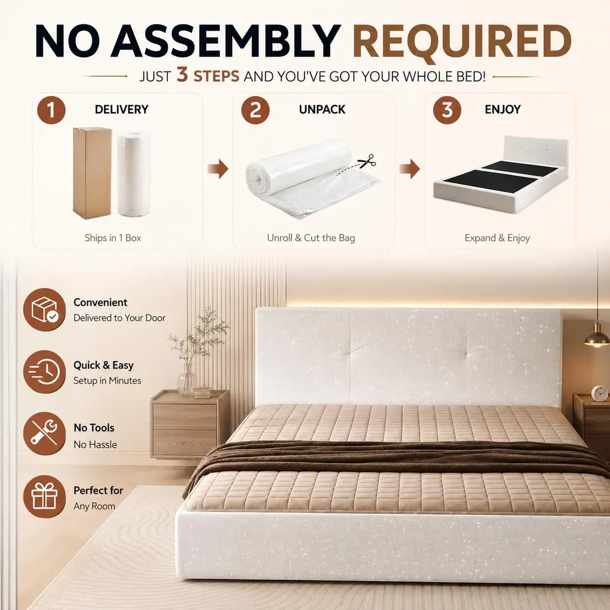 Queen Boneless Bed Frame and Headboard, Cloud Platform Bed, Assembly-Free | Upholstered Bed Frame with Headboard,, Customized