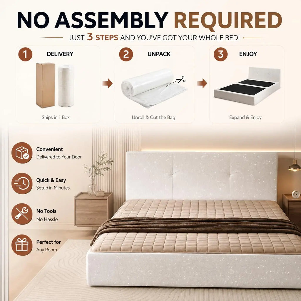 Queen Boneless Bed Frame and Headboard, Cloud Platform Bed, Assembly-Free | Upholstered Bed Frame with Headboard,, Customized