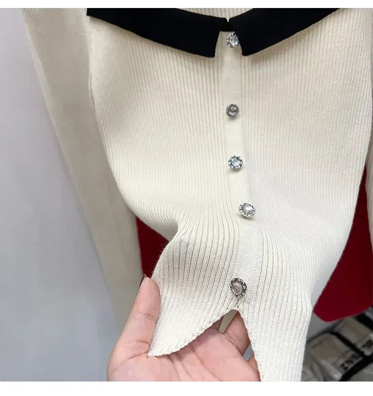 Women's Knitted Short Sweater Square Collar Base Shirt Color Collision Design Sensation Autumn Winter Special Edition Top