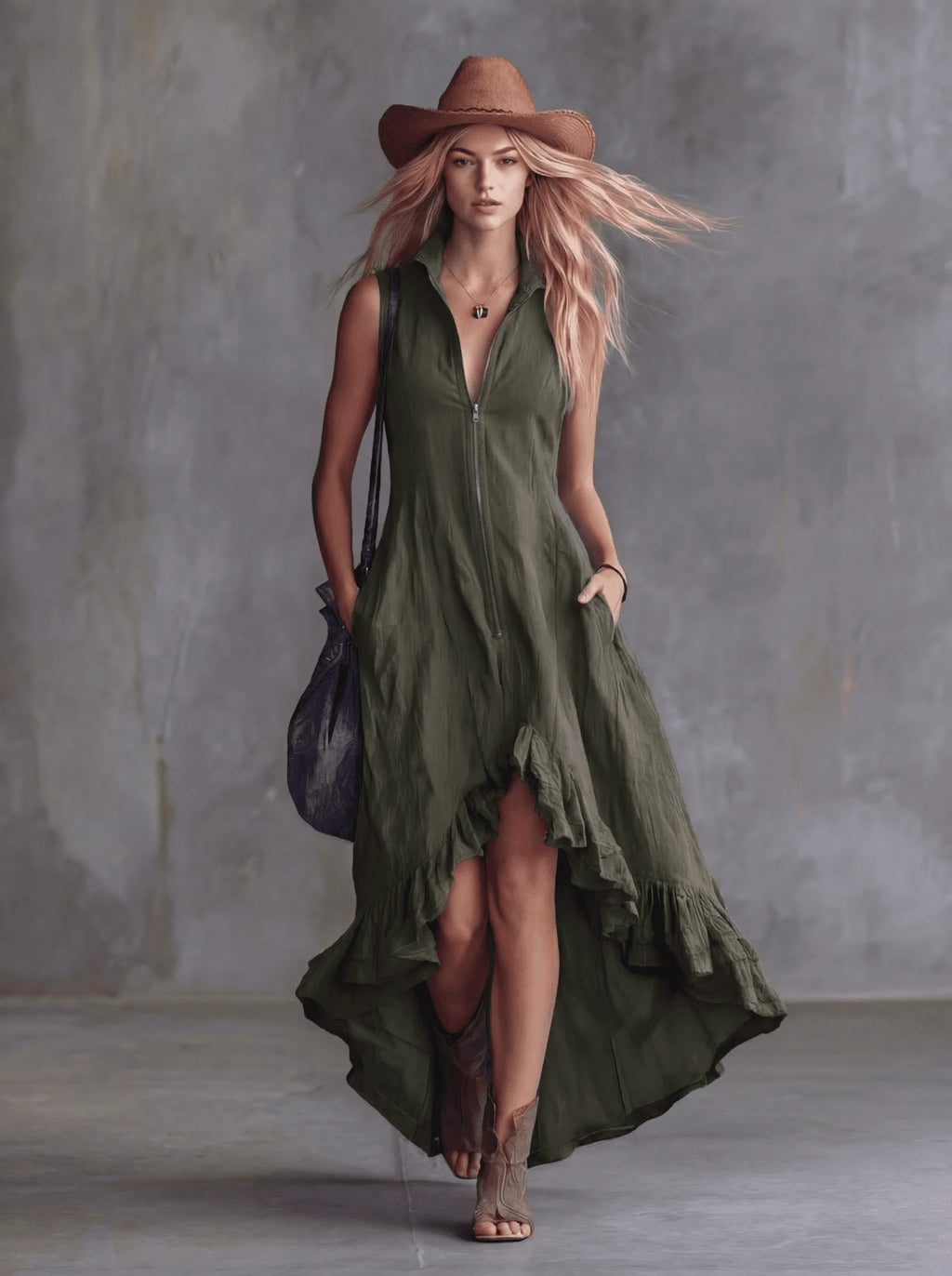 Women's Sleeveless Half Zip Maxi Dress Stand Collar High Low Ruffle Hem A-Line Long Dress with Pockets