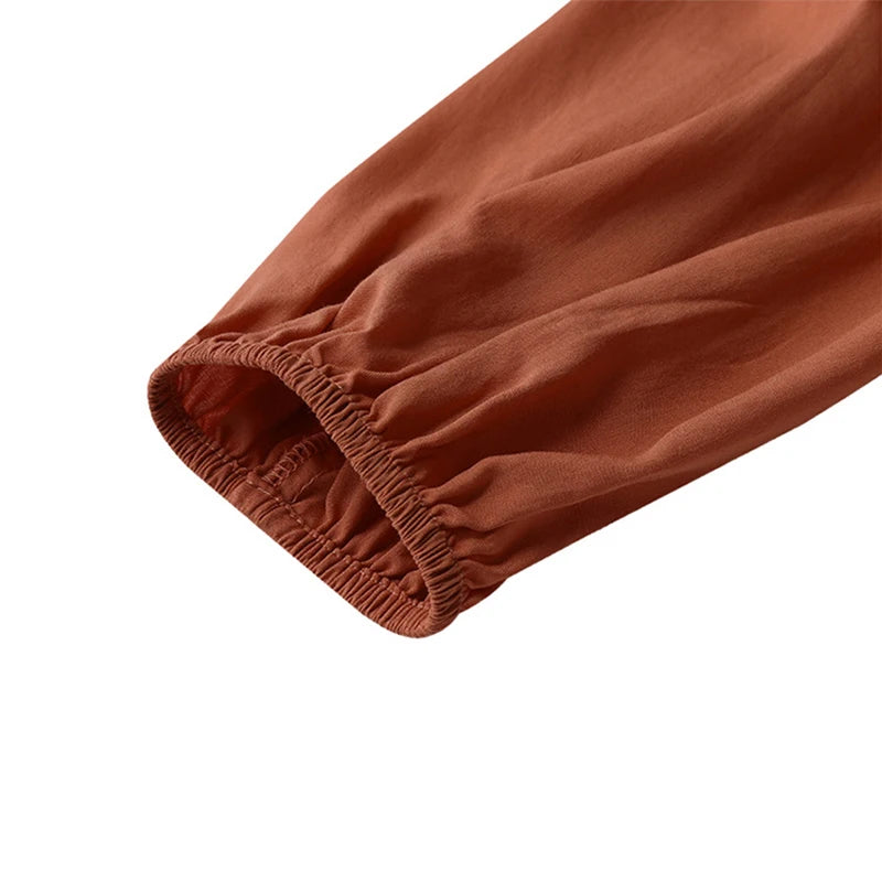 Woman's Solid Color V Neck Dress Elegant A Line Maxi Dress with Pleated Long Sleeves Femme Robe Solid Color Big Swing for Dating