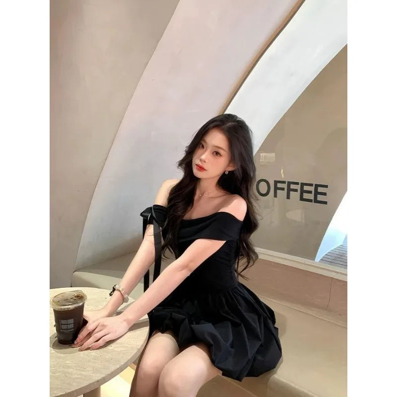 Black Off Shoulder Mini Dress With Bow Decor Ruched Waist Flared Silhouette For Women