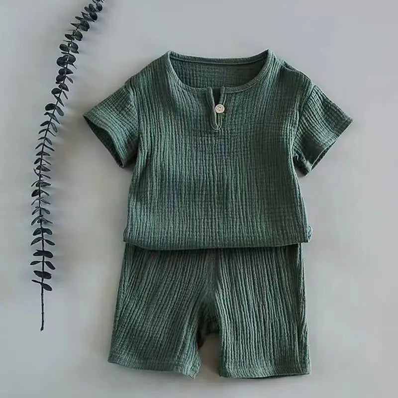 Summer Kids' Sets and Outfits Boys Girls Cotton Linen Muslin Suit for Children T-shirt Tops + Shorts Baby Loungewear Clothing