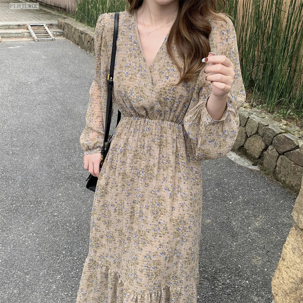 Chic Korean Clothes Design 2022 Autumn Spring Womens V Neck Elegant Lady Floral Printed Retro Vintage Long Maxi Dress
