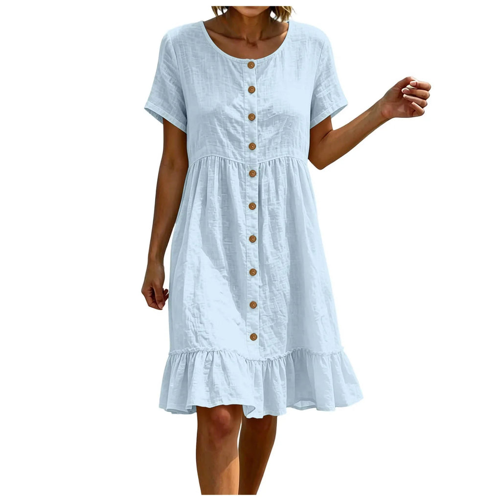 Women Casual Summer Dress Round Neck Front Button Down Short Sleeve Loose Midi Dress Solid Ruffle Hem Beach Cotton Linen Dreses