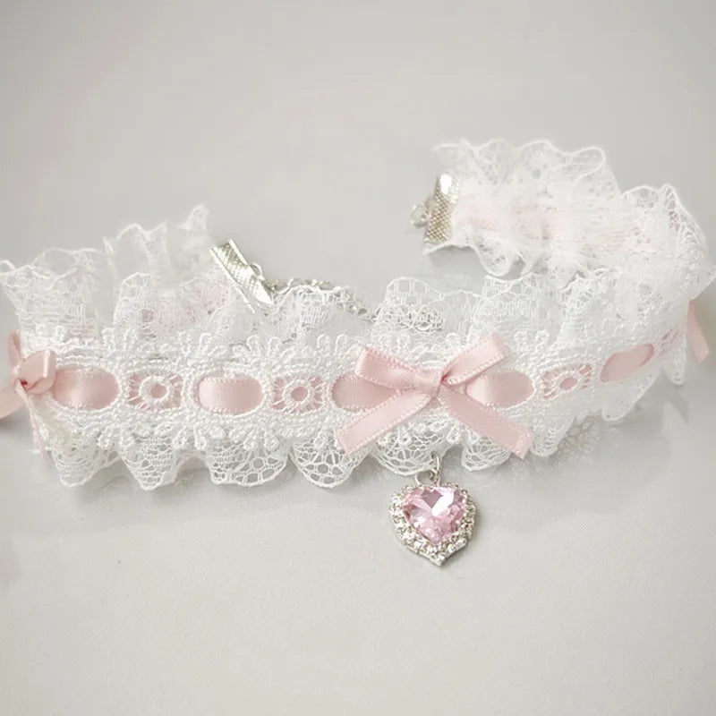 Lace Bow Necklace With Heart Gem Charm For Lolita Cosplay And Wedding Jewelry Collection