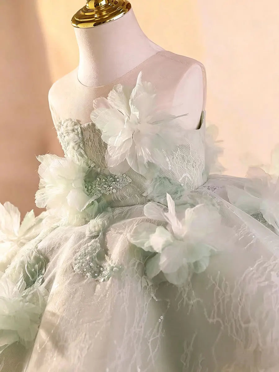 Dreamy Vow D259 Sage Green Flower Girl Dress 3D Floral Applique Kids Wedding Dress Puffy Tulle Princess Gown for Girls Birthday