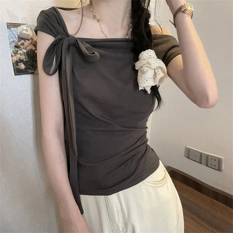 Sexy Spice Girl Shoulder Short Tshirt Women's Strap Slit Cleanfit Style Ladies' T-shirt Linen Fabric A-line Sleeve Other Mate...