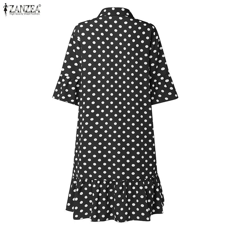 ZANZEA Summer Elegant Lapel Neck Short Sleeve Sundress Polka Dots Printed Women Dress Stylish Casual Holiday Beach Midi Dresses