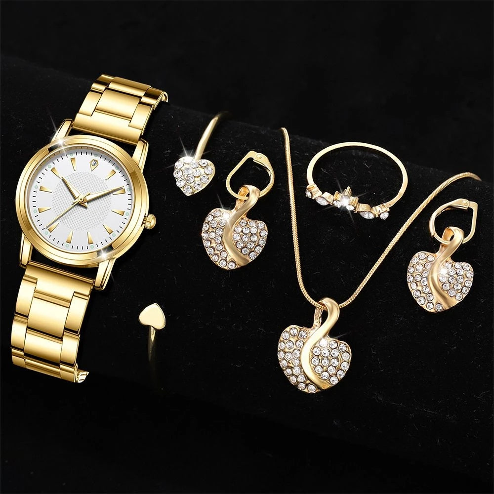 Women'S'S Quartz Watch Gold Luxury Women'S Ring Necklace Earring Rhinestone Fashion Wristwatch Casual Ladies Watches Jewelry Set ﻿