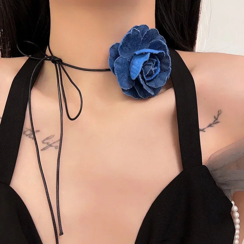 Trend Choker Flower Rose Pendant Collarbone Chain Women Jeans Cloth Necklace Temperament Adjustable Wax Rope Y2K Denim Necklace