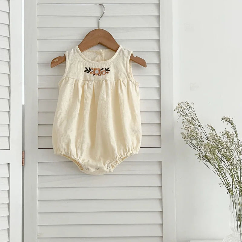 Girls Birthday Party Sisters Outfits Summer Green Apricot Floral Embroidery Sleeveless Bodysuit Vest Dress Baby Clothes H037