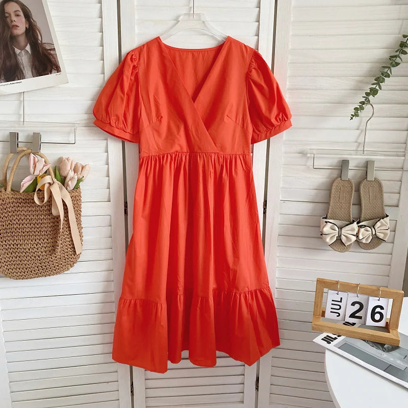 Retro Elegant  Color V-neck Bubble Sleeve Waist-cinching Slimming Casual Lace Trim Dress Women Summer Midi Dress