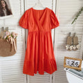 Retro Elegant  Color V-neck Bubble Sleeve Waist-cinching Slimming Casual Lace Trim Dress Women Summer Midi Dress