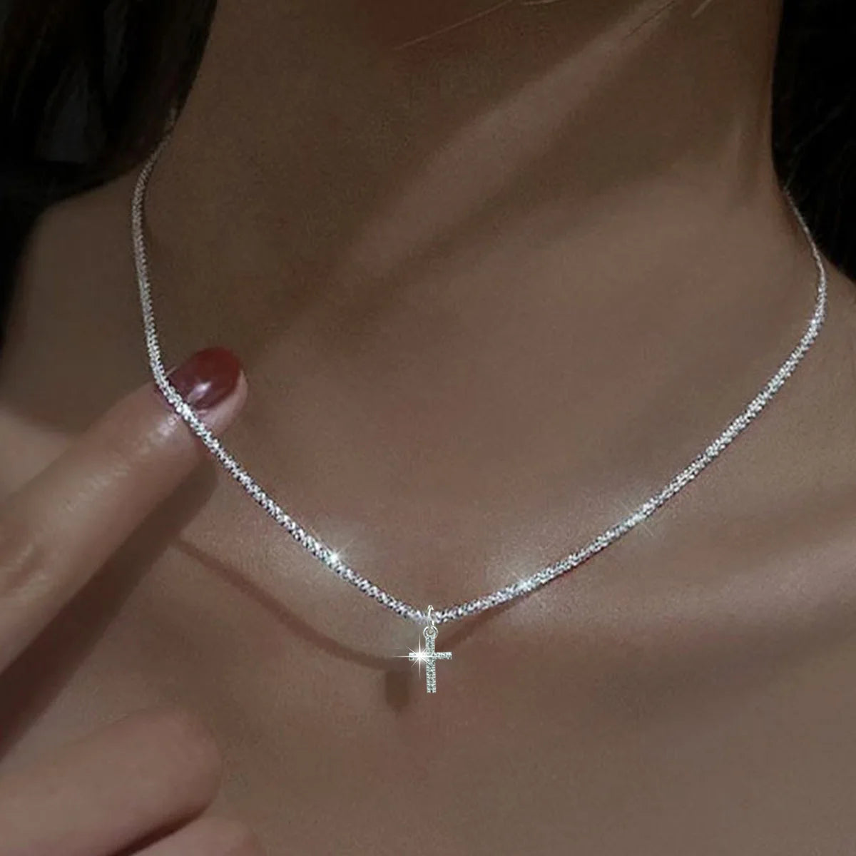 New 925 Sterling Silver Cross Necklace Style Geometric Style Woman Pendant Choker Birthday Exquisite Jewelry