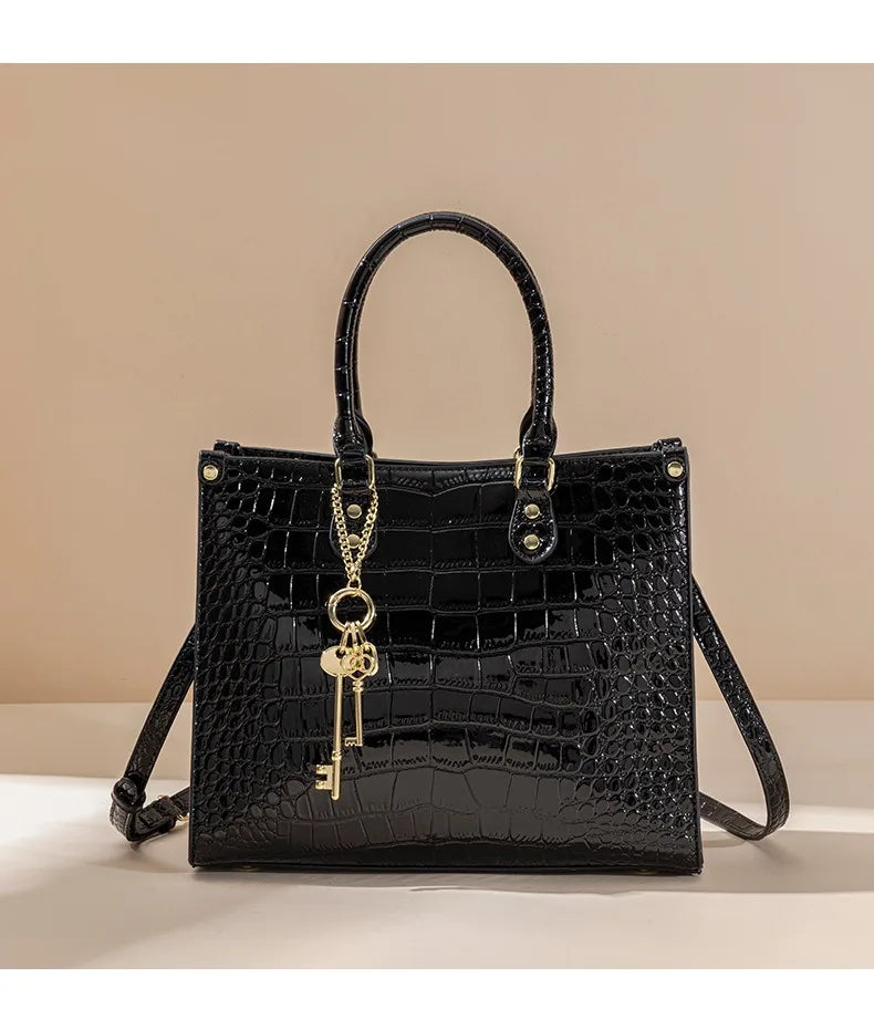 Shiny Crocodile Pattern Top-Handle Bag Women Glossy Patent Crossbody Shoulder Bag Elegant Tote Satchel with Key Pendant