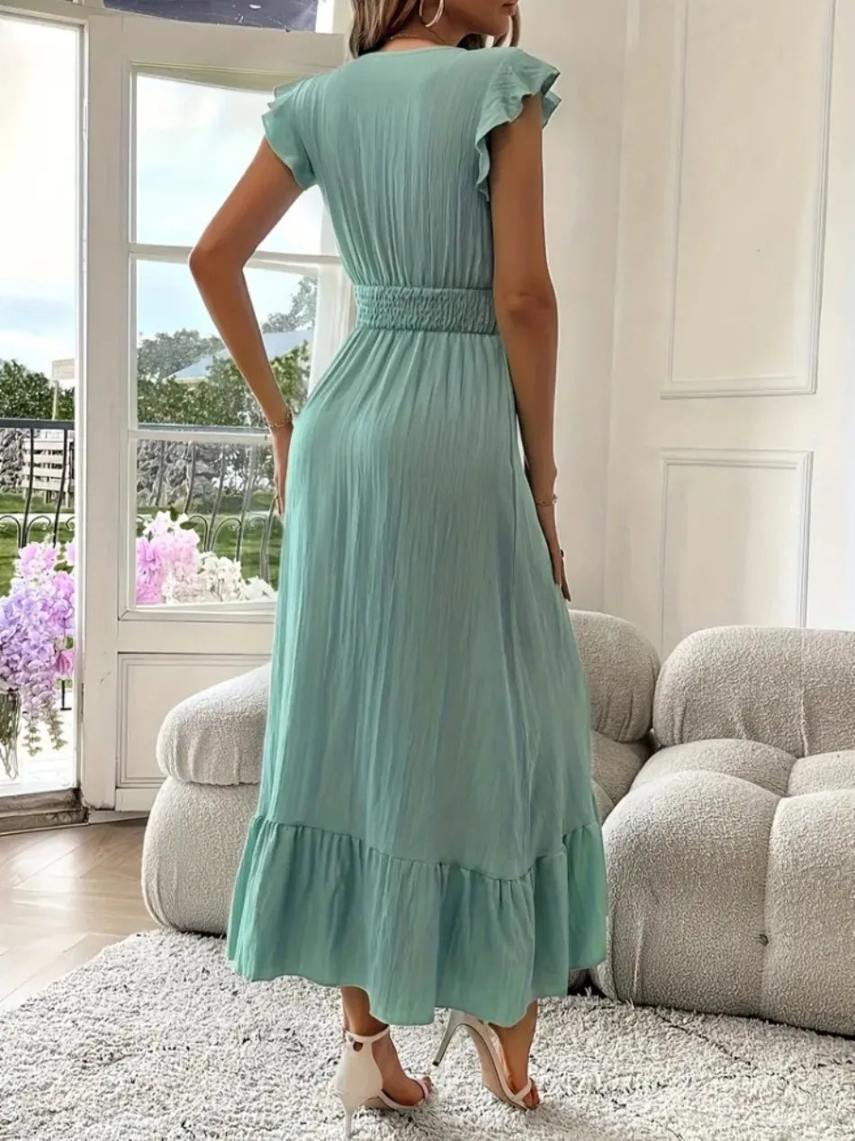 New in Summer Women 's Long Dresses V Neck Solid Color Elastic Waist Gown Office Lady Ruffles Wrinkle Design Casual A Line Dress