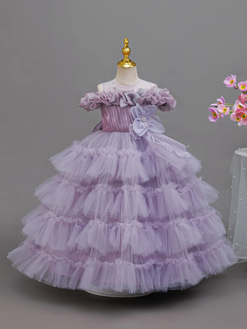 HETISO Fluffy Tulle Layering Girls Prom Dresses Lace Long Luxurious Evening Wedding Party Ball Gown 3-12 Years