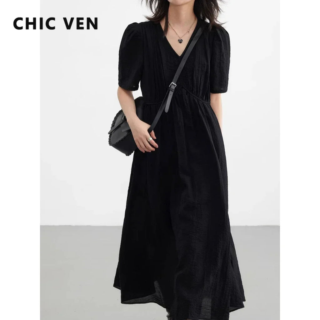 Chic Ven Womens Dress French Style Vintage V Neck Puff Sleeve Long Black Loose Fit For Women Summer