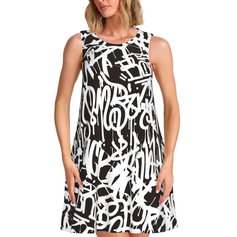Shiny Graffiti Casual Dress Colorful Print Sleeveless Boho Dresses Women O Neck Street Fashion Dress Day Print Vestidos Present
