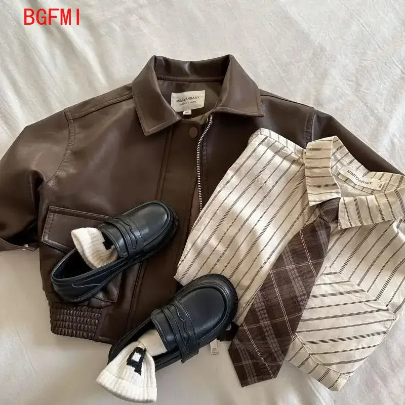 2-10Y Baby Boys Girls Zipper Jackets Brown Pu Leather Lapel Collar Coats Korean Style Autumn Single Breasted Toddler Cardigans