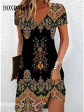 Women'S'S Casual Sundress Loose Summer Boho Beach Dress Floral Printed For Women'S Dress Retro V Neck Short Sleeve Plus Size Dresses