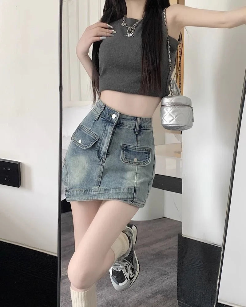 Retro Spicy Girl Uneven Denim Mini Skirt High Waist Slim Fit Women's Summer New Style Short Skirt Bodycon Skirt New Style