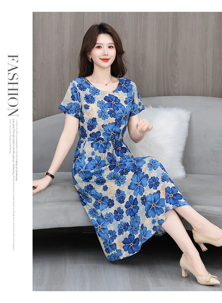 New Elegant Floral Dress  Bohemian plus Size Women Summer Short Sleeve Clothing with Large Hem for Casual Occasions