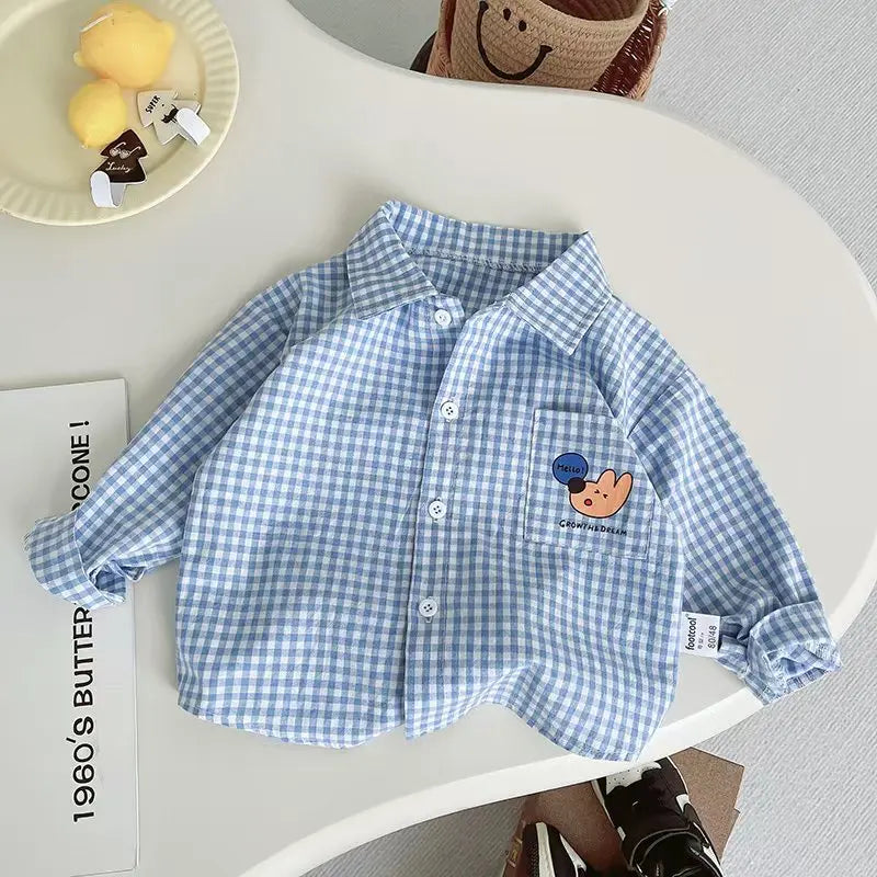 Ienens Kids Plaid Long Sleeve Shirt - Cotton Blend Preppy Style