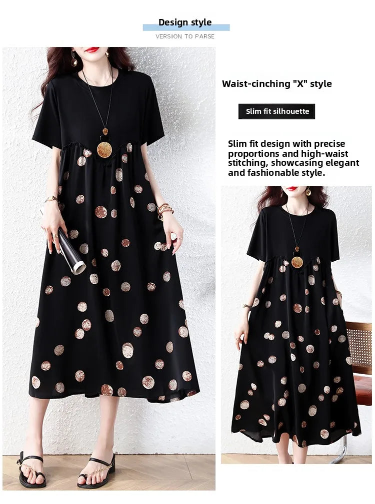 Summer New plus Size Polka Dot Dress Color Block Loose Fitting Slimming Effect Casual Commute Style Women's Dress