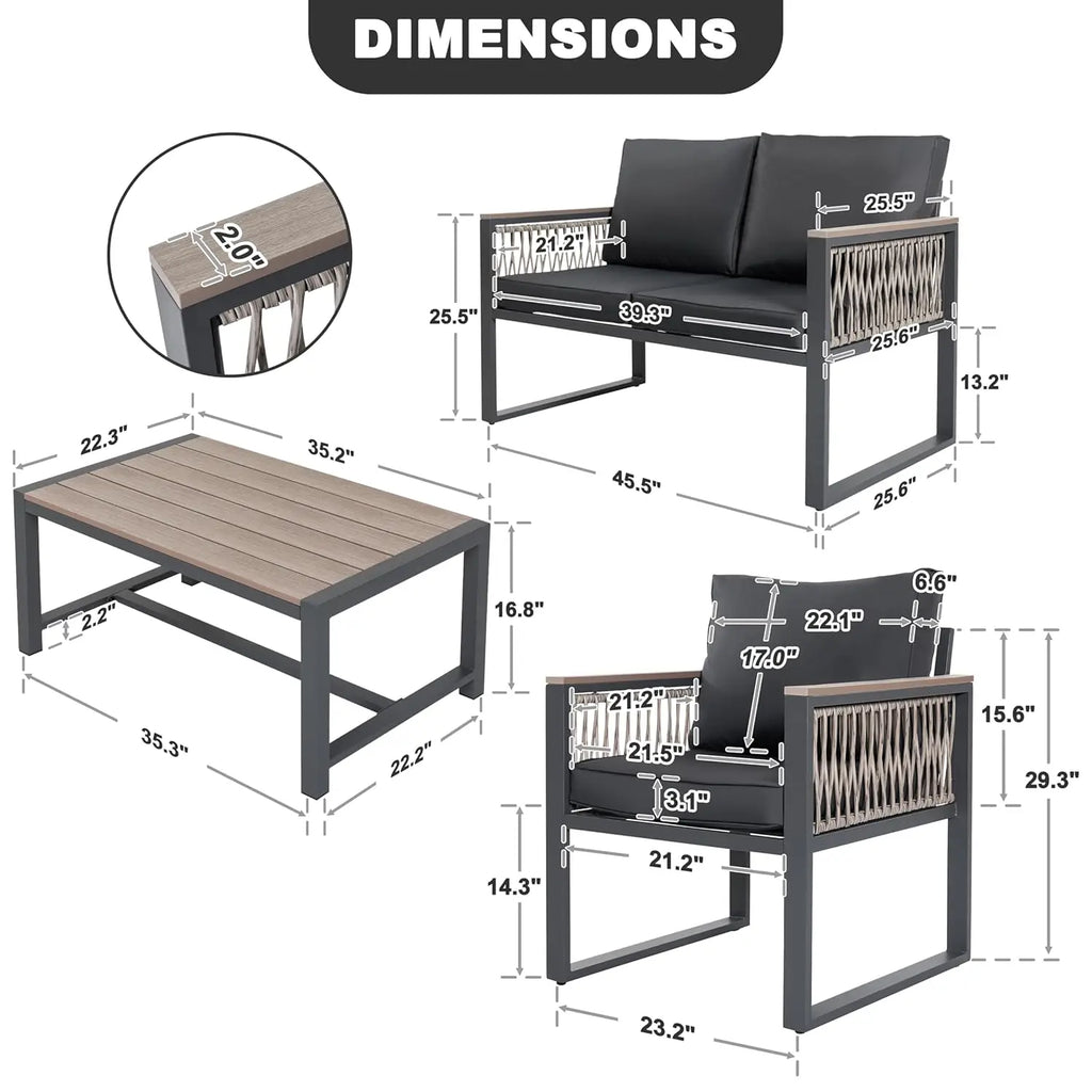 4 Pieces Outdoor Patio Furniture Set, 4 Seats Sectional with Coffee Table, All Weather Wicker Patio Conversation Sets, Custom