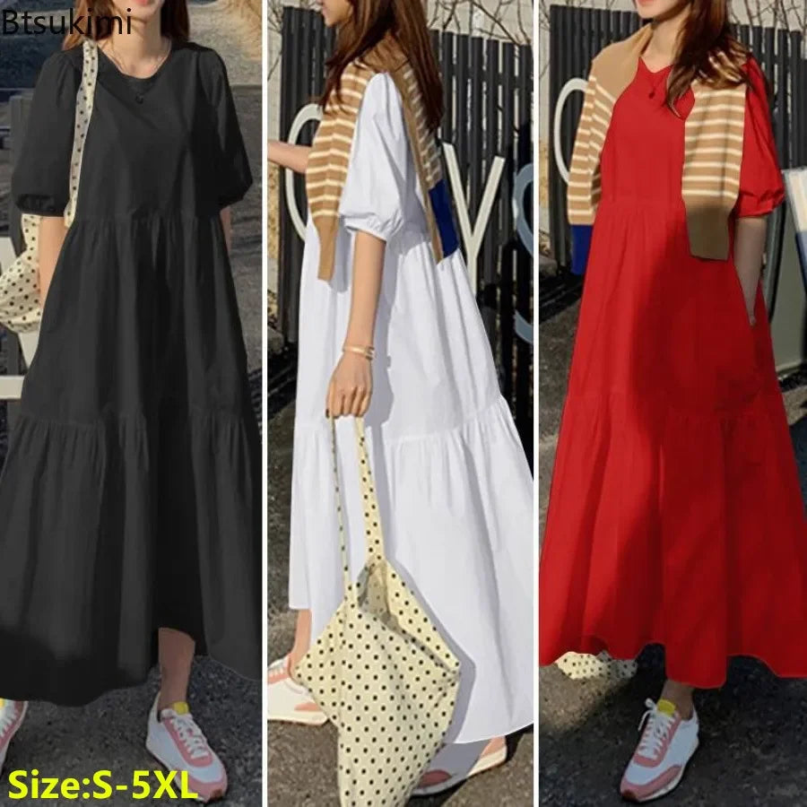 2026 Fashion Puff Short Sleeve Dress for Women Summer Solid Casual Sundress Comfort Cotton Maxi Dress Modest Robe Vestidos Femme
