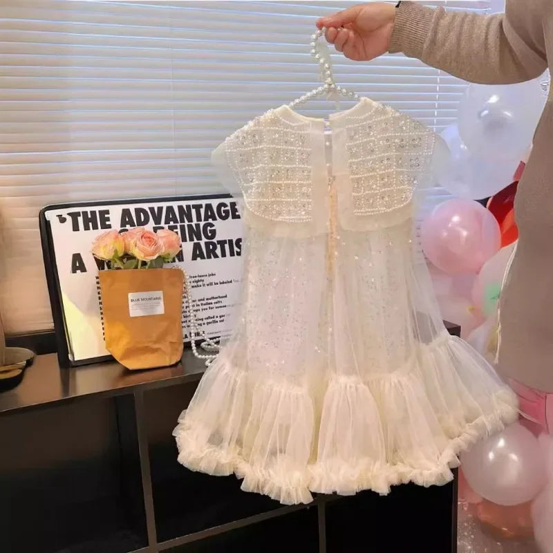 New Girls Princess Dress Casual Spring Summer Children's Wear Korean Pearl Neck Princess Dress Fashion Yarn Dress