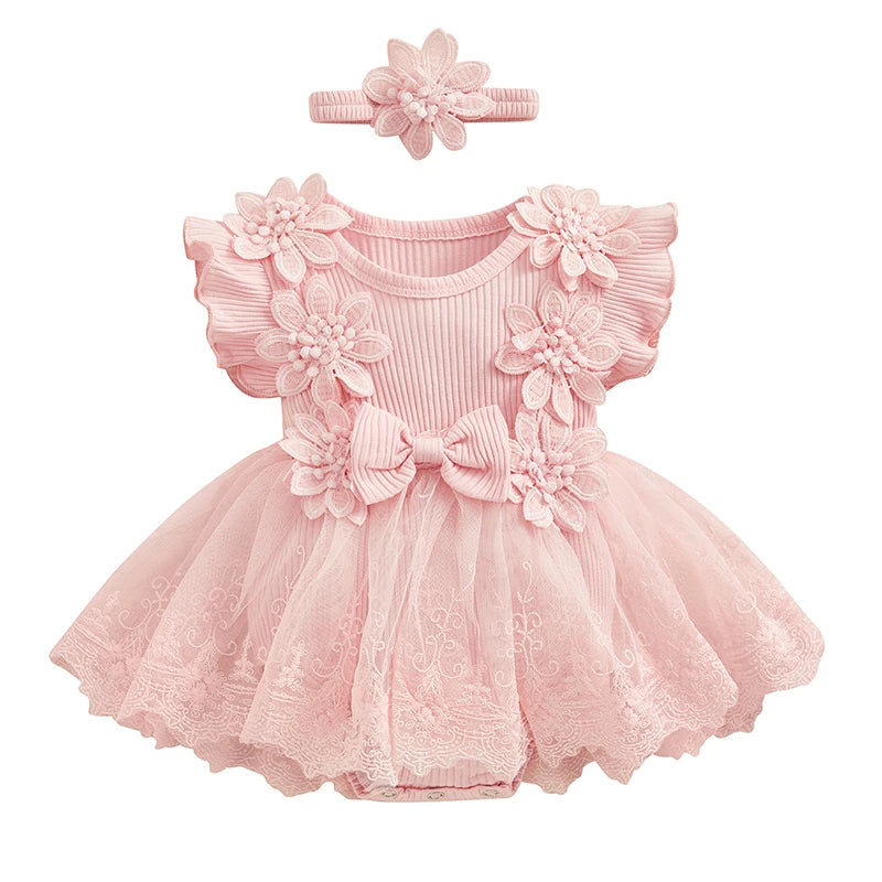 Maemukilabe Baby Girl Lace Tulle Romper Dress With Headband For Toddler Girls 1 To 2 Years Floral Bow