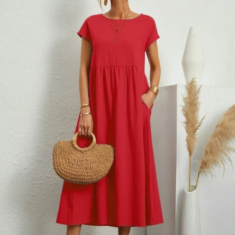 Premium Elegant Solid Cotton Linen Dress Summer Midi with Pockets Loose Fit Casual Crew Neck Short Sleeve for Beach Travel