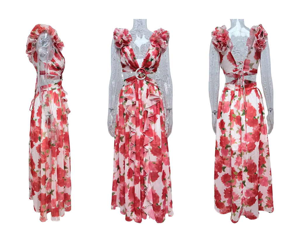 Floral Dress Women Spring Summer Deep V Neck Ruffle Hem Hollow Out Backless Maxi Dresses Bohemian Beach Sundress Outfit