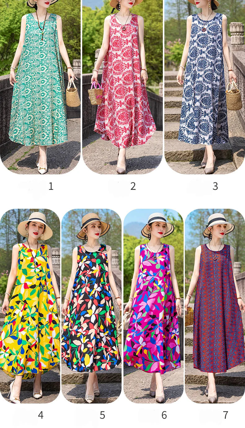 New Women Summer Dresses Vintage Dress FashionRobe Plus Size Sleeveless Femme Casual Print Dresses