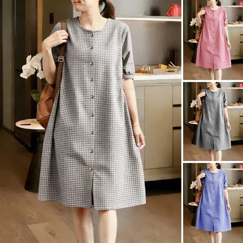 2026 ZANZEA Women Summer Sundress Elegant Short Sleeve Plaid Checked Dress Casual O Neck Work Dresses Baggy Holiday Vestido Robe