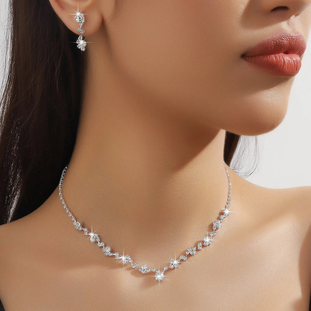 Women'S Fashion Necklace Earrings Set Rhinestone Wedding Accessories Bridal Lady Dangle Earring Pendant Elegant Jewellery Sets