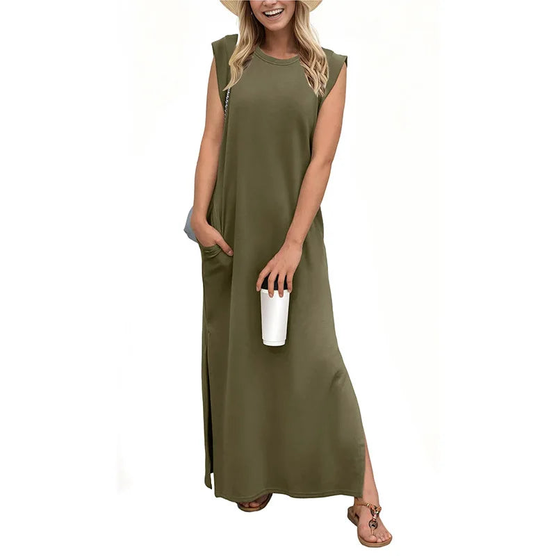 Lady Casual Solid Color Streetwear Summer Fashion Sleeveless Loose Long Dress Woman's Simple Style Slit Hem With Pocket Vestidos