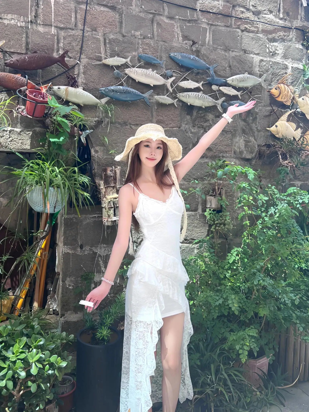 Summer New Style White Lace Irregular Belted Strap Dress Women's Beach Vacation Dress Slim Fit French Style No Sleeve Dress
