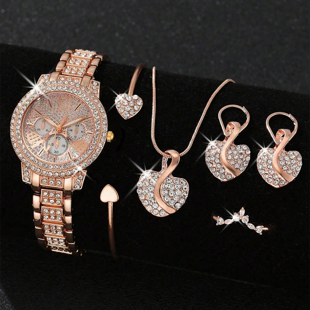 Women'S'S Quartz Watch Gold Luxury Women'S Ring Necklace Earring Rhinestone Fashion Wristwatch Casual Ladies Watches Jewelry Set ﻿