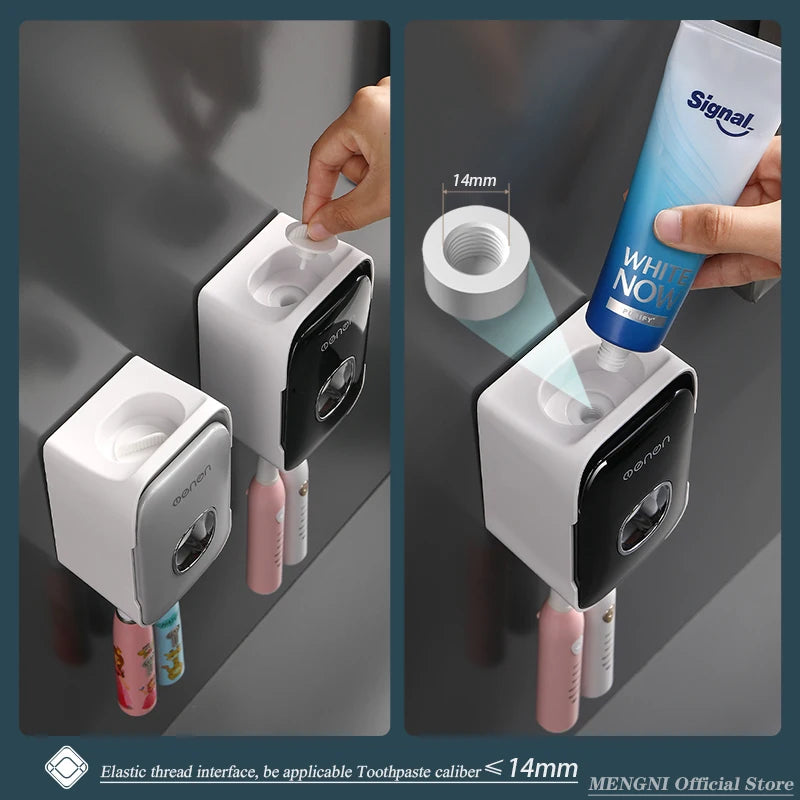 MENGNI Dispensador de pasta dental montado en la pared, exprimidor de pasta dental para baño sin perforaciones, soporte para cepillos de dientes, funcionamiento manual