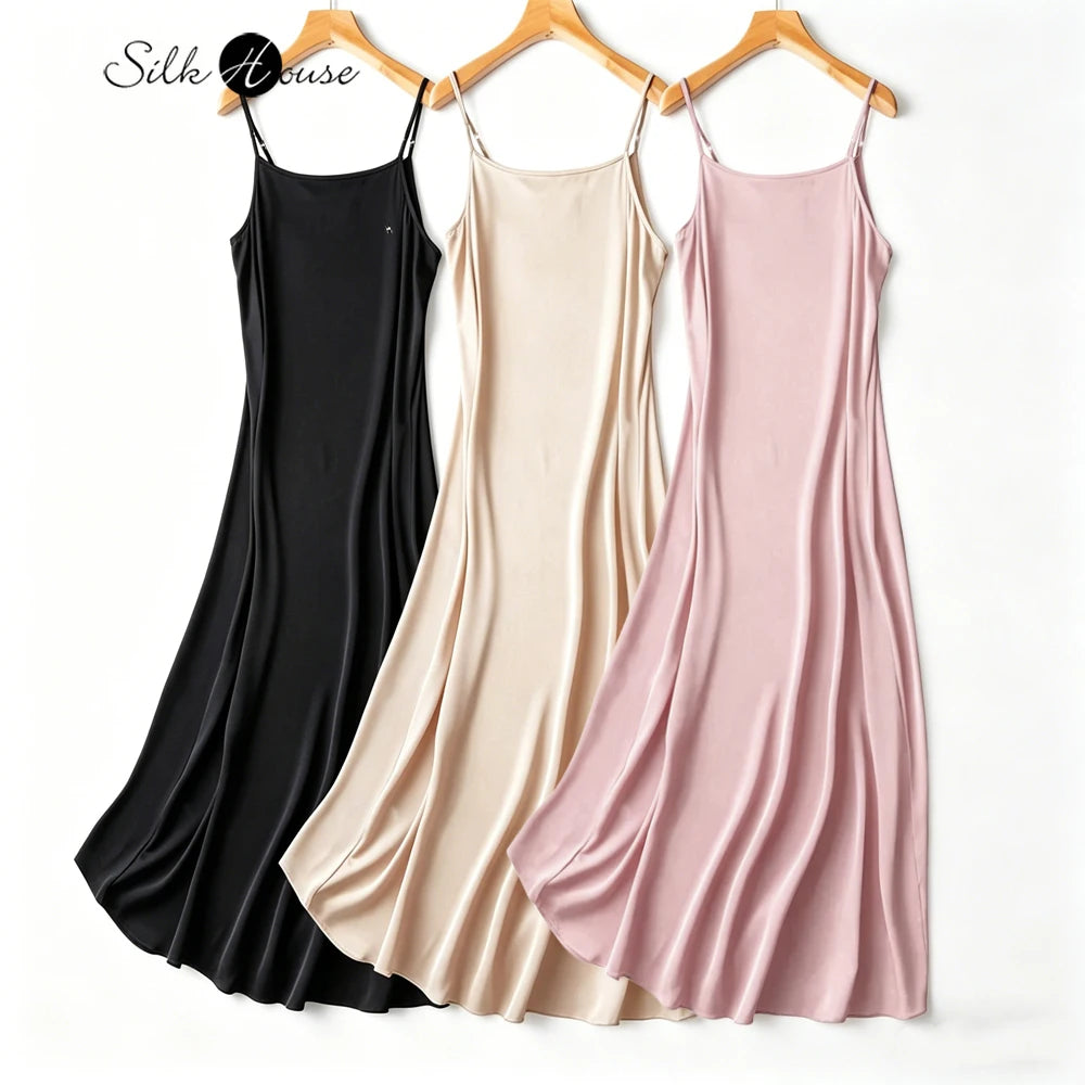 Women's Casual Summer Clothing 95% Natural Mulberry Silk Elastic Double Qiao Satin Adjustable Shoulder Strap Dress