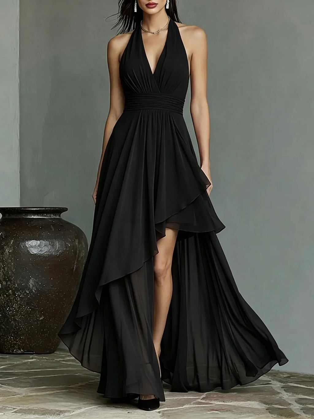 New Summer Women Chiffon Evening Gown Halter V‑Neck Backless Waist‑Cinching Formal Dress For Wedding Guest Cocktail Party